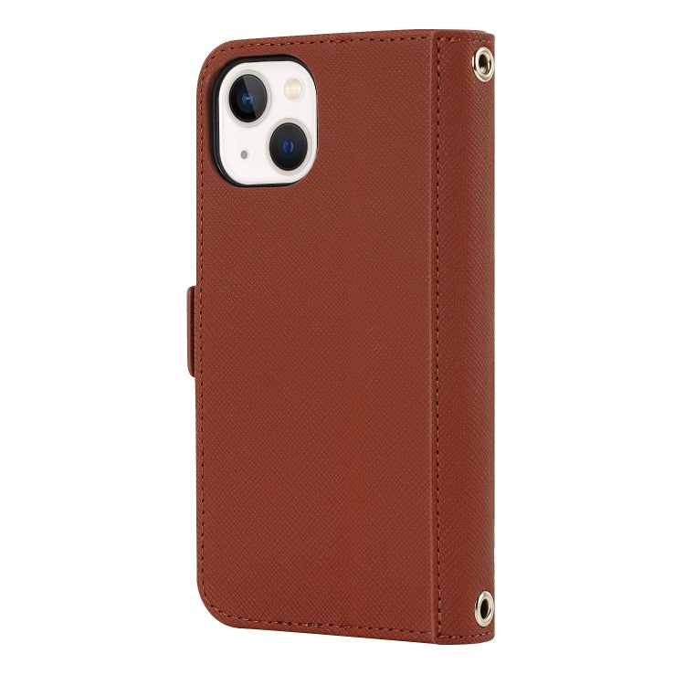 For iPhone 14 Plus Cross Texture Lanyard Leather Phone Case(Brown) - iPhone 14 Plus Cases by buy2fix | Online Shopping UK | buy2fix