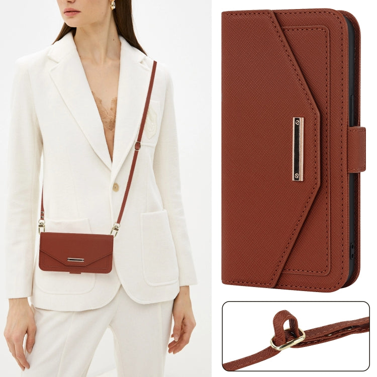 For iPhone 14 Plus Cross Texture Lanyard Leather Phone Case(Brown) - iPhone 14 Plus Cases by buy2fix | Online Shopping UK | buy2fix