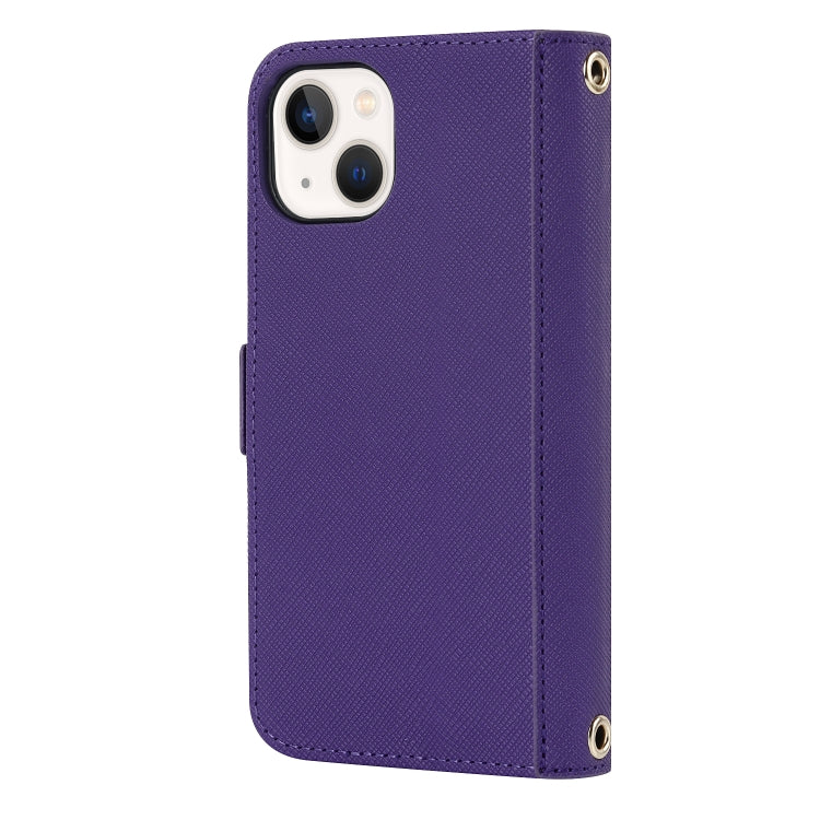 For iPhone 14 Plus Cross Texture Lanyard Leather Phone Case(Purple) - iPhone 14 Plus Cases by buy2fix | Online Shopping UK | buy2fix