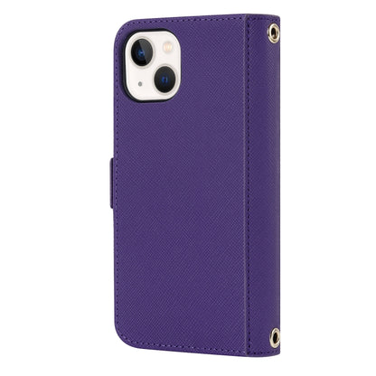 For iPhone 14 Plus Cross Texture Lanyard Leather Phone Case(Purple) - iPhone 14 Plus Cases by buy2fix | Online Shopping UK | buy2fix