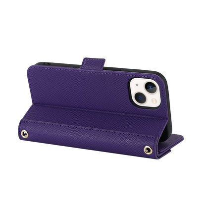 For iPhone 14 Plus Cross Texture Lanyard Leather Phone Case(Purple) - iPhone 14 Plus Cases by buy2fix | Online Shopping UK | buy2fix