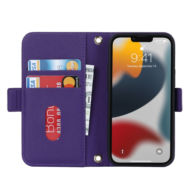 For iPhone 14 Plus Cross Texture Lanyard Leather Phone Case(Purple) - iPhone 14 Plus Cases by buy2fix | Online Shopping UK | buy2fix