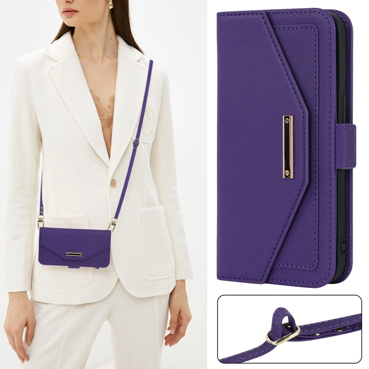 For iPhone 14 Plus Cross Texture Lanyard Leather Phone Case(Purple) - iPhone 14 Plus Cases by buy2fix | Online Shopping UK | buy2fix