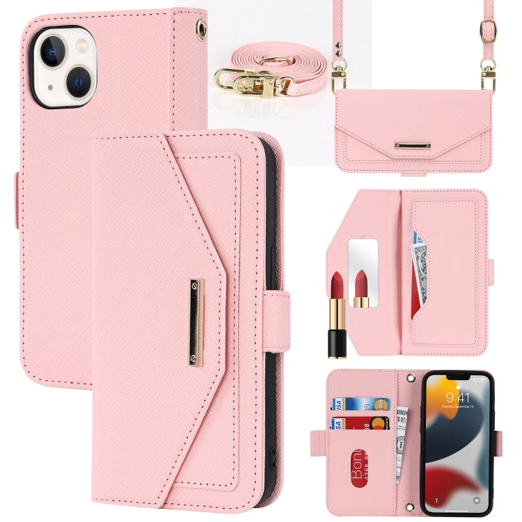 For iPhone 14 Plus Cross Texture Lanyard Leather Phone Case(Pink) - iPhone 14 Plus Cases by buy2fix | Online Shopping UK | buy2fix