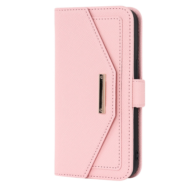 For iPhone 14 Plus Cross Texture Lanyard Leather Phone Case(Pink) - iPhone 14 Plus Cases by buy2fix | Online Shopping UK | buy2fix