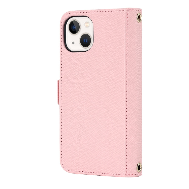 For iPhone 14 Plus Cross Texture Lanyard Leather Phone Case(Pink) - iPhone 14 Plus Cases by buy2fix | Online Shopping UK | buy2fix