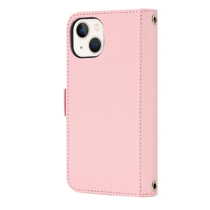 For iPhone 14 Plus Cross Texture Lanyard Leather Phone Case(Pink) - iPhone 14 Plus Cases by buy2fix | Online Shopping UK | buy2fix