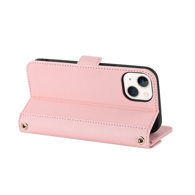 For iPhone 14 Plus Cross Texture Lanyard Leather Phone Case(Pink) - iPhone 14 Plus Cases by buy2fix | Online Shopping UK | buy2fix