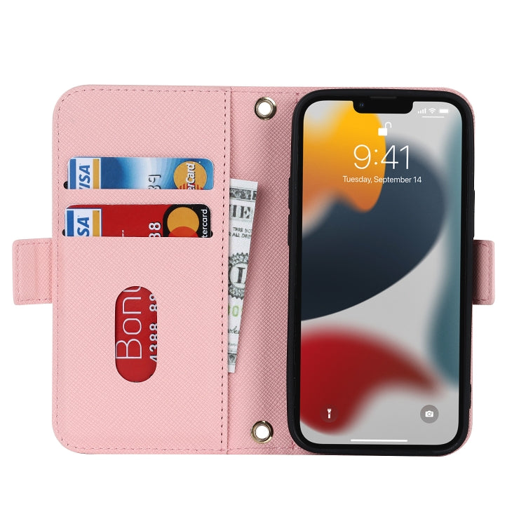 For iPhone 14 Plus Cross Texture Lanyard Leather Phone Case(Pink) - iPhone 14 Plus Cases by buy2fix | Online Shopping UK | buy2fix