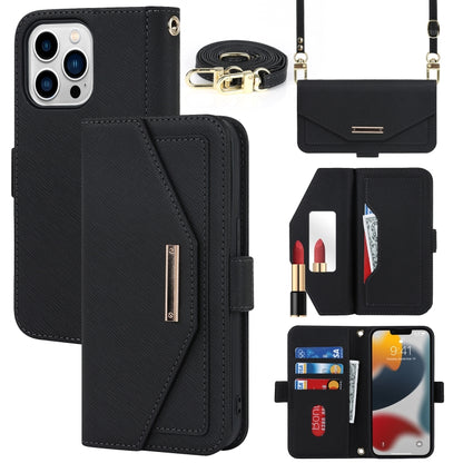 For iPhone 13 Pro Cross Texture Lanyard Leather Phone Case(Black) - iPhone 13 Pro Cases by buy2fix | Online Shopping UK | buy2fix