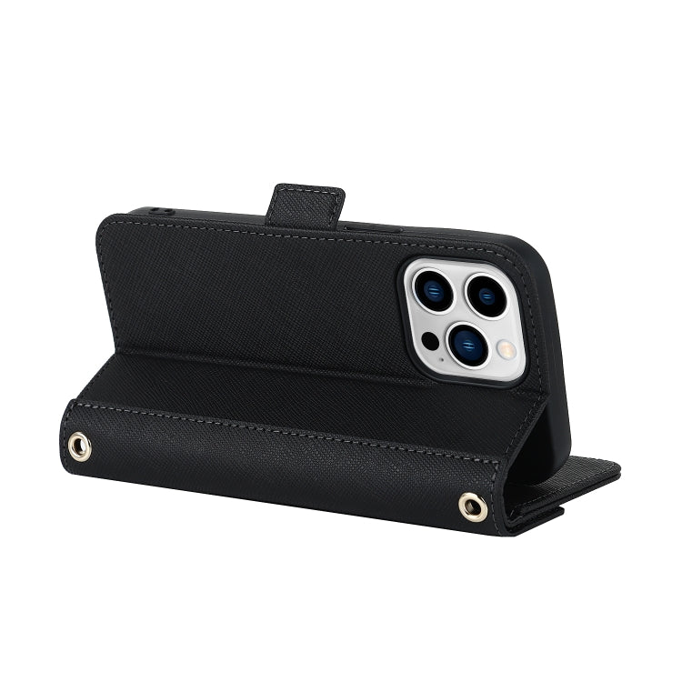 For iPhone 13 Pro Cross Texture Lanyard Leather Phone Case(Black) - iPhone 13 Pro Cases by buy2fix | Online Shopping UK | buy2fix