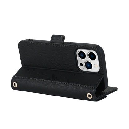 For iPhone 13 Pro Cross Texture Lanyard Leather Phone Case(Black) - iPhone 13 Pro Cases by buy2fix | Online Shopping UK | buy2fix