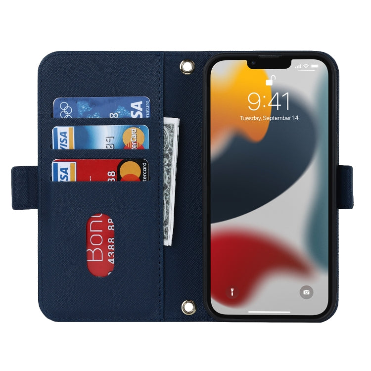 For iPhone 13 Pro Cross Texture Lanyard Leather Phone Case(Blue) - iPhone 13 Pro Cases by buy2fix | Online Shopping UK | buy2fix