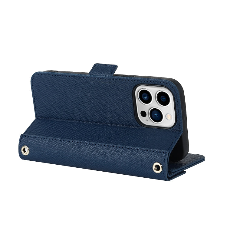 For iPhone 13 Pro Cross Texture Lanyard Leather Phone Case(Blue) - iPhone 13 Pro Cases by buy2fix | Online Shopping UK | buy2fix