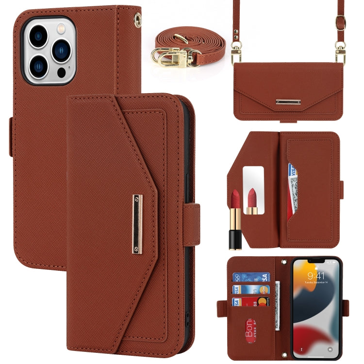 For iPhone 13 Pro Cross Texture Lanyard Leather Phone Case(Brown) - iPhone 13 Pro Cases by buy2fix | Online Shopping UK | buy2fix
