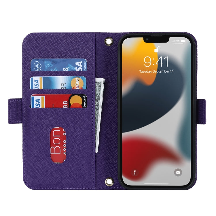 For iPhone 13 Pro Cross Texture Lanyard Leather Phone Case(Purple) - iPhone 13 Pro Cases by buy2fix | Online Shopping UK | buy2fix