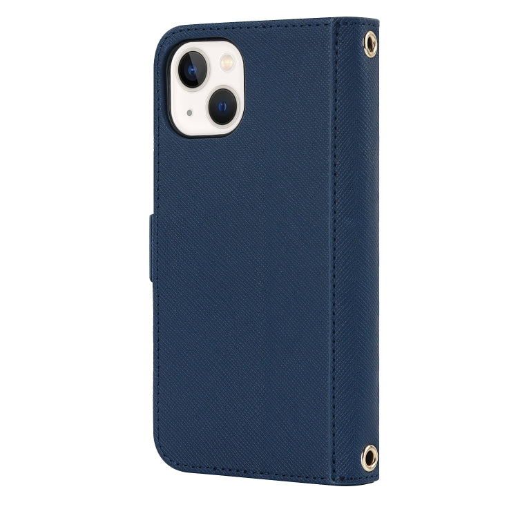 For iPhone 13 Cross Texture Lanyard Leather Phone Case(Blue) - iPhone 13 Cases by buy2fix | Online Shopping UK | buy2fix