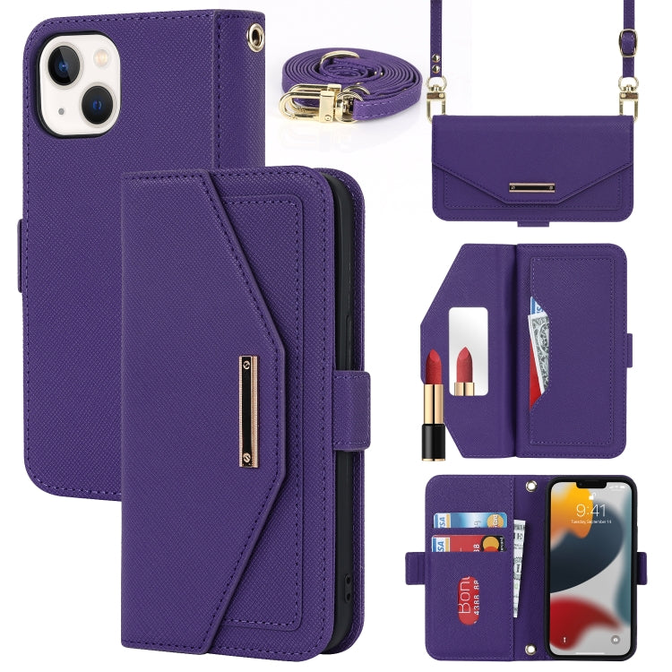 For iPhone 13 Cross Texture Lanyard Leather Phone Case(Purple) - iPhone 13 Cases by buy2fix | Online Shopping UK | buy2fix