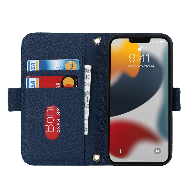 For iPhone 13 mini Cross Texture Lanyard Leather Phone Case(Blue) - iPhone 13 mini Cases by buy2fix | Online Shopping UK | buy2fix