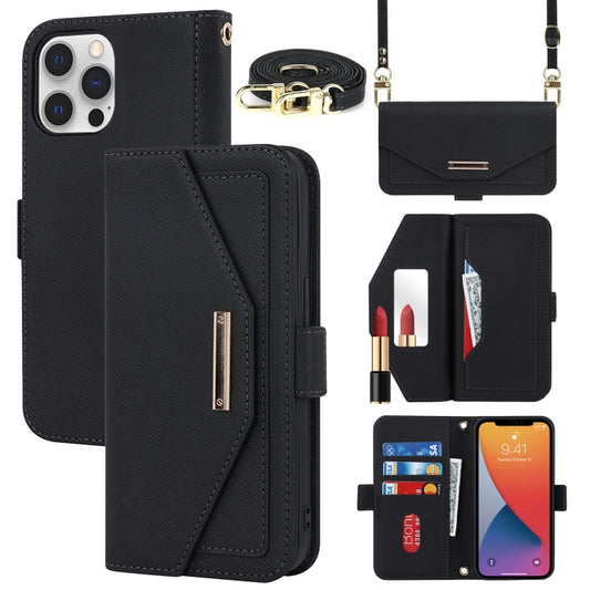 For iPhone 12 Pro Max Cross Texture Lanyard Leather Phone Case(Black) - iPhone 12 Pro Max Cases by buy2fix | Online Shopping UK | buy2fix