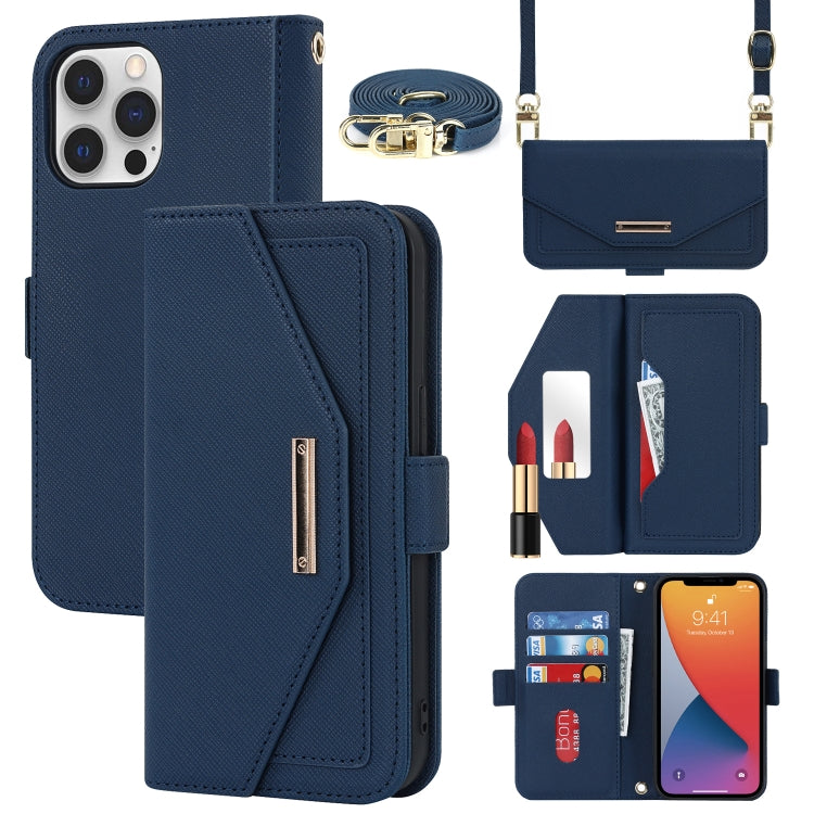 For iPhone 12 Pro Max Cross Texture Lanyard Leather Phone Case(Blue) - iPhone 12 Pro Max Cases by buy2fix | Online Shopping UK | buy2fix