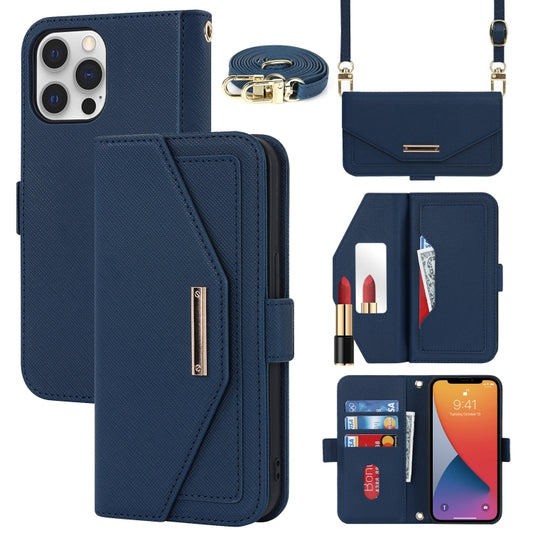 For iPhone 12 Pro Max Cross Texture Lanyard Leather Phone Case(Blue) - iPhone 12 Pro Max Cases by buy2fix | Online Shopping UK | buy2fix