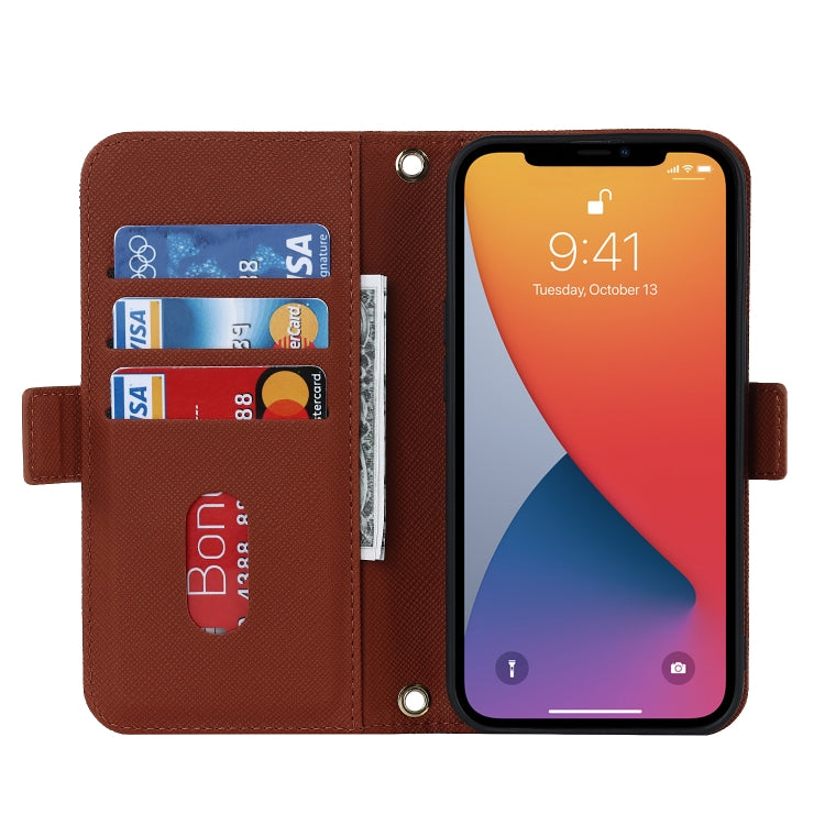 For iPhone 12 Pro Max Cross Texture Lanyard Leather Phone Case(Brown) - iPhone 12 Pro Max Cases by buy2fix | Online Shopping UK | buy2fix