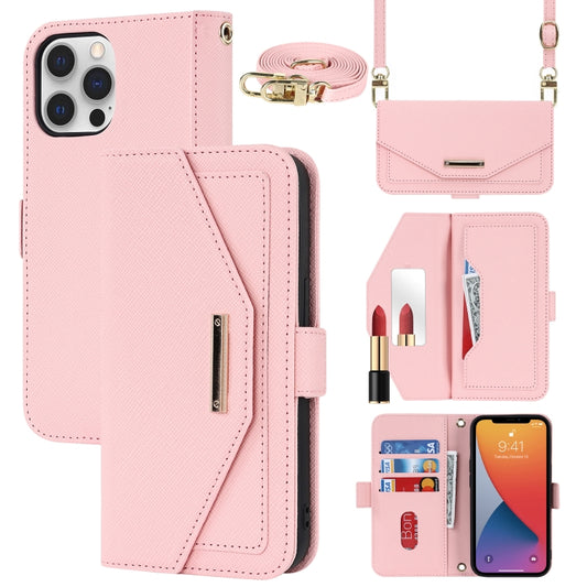 For iPhone 12 Pro Max Cross Texture Lanyard Leather Phone Case(Pink) - iPhone 12 Pro Max Cases by buy2fix | Online Shopping UK | buy2fix