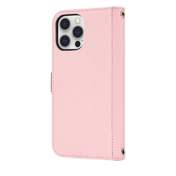 For iPhone 12 Pro Max Cross Texture Lanyard Leather Phone Case(Pink) - iPhone 12 Pro Max Cases by buy2fix | Online Shopping UK | buy2fix