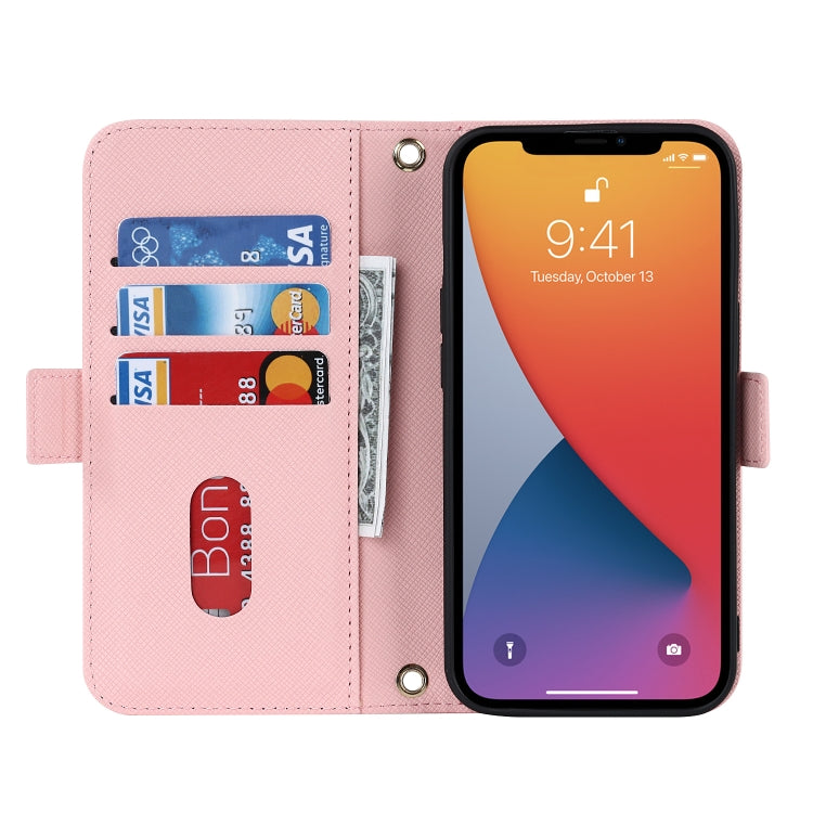 For iPhone 12 Pro Max Cross Texture Lanyard Leather Phone Case(Pink) - iPhone 12 Pro Max Cases by buy2fix | Online Shopping UK | buy2fix