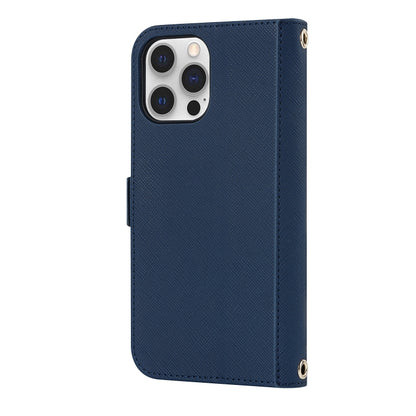 For iPhone 12 / 12 Pro Cross Texture Lanyard Leather Phone Case(Blue) - iPhone 12 / 12 Pro Cases by buy2fix | Online Shopping UK | buy2fix