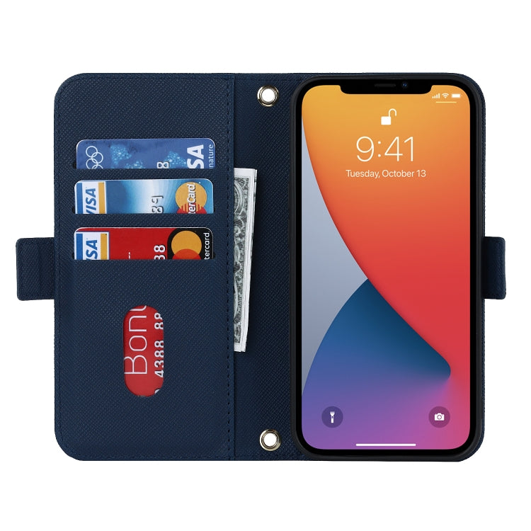 For iPhone 12 / 12 Pro Cross Texture Lanyard Leather Phone Case(Blue) - iPhone 12 / 12 Pro Cases by buy2fix | Online Shopping UK | buy2fix