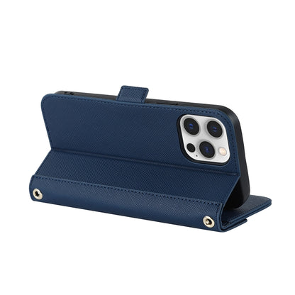 For iPhone 12 / 12 Pro Cross Texture Lanyard Leather Phone Case(Blue) - iPhone 12 / 12 Pro Cases by buy2fix | Online Shopping UK | buy2fix