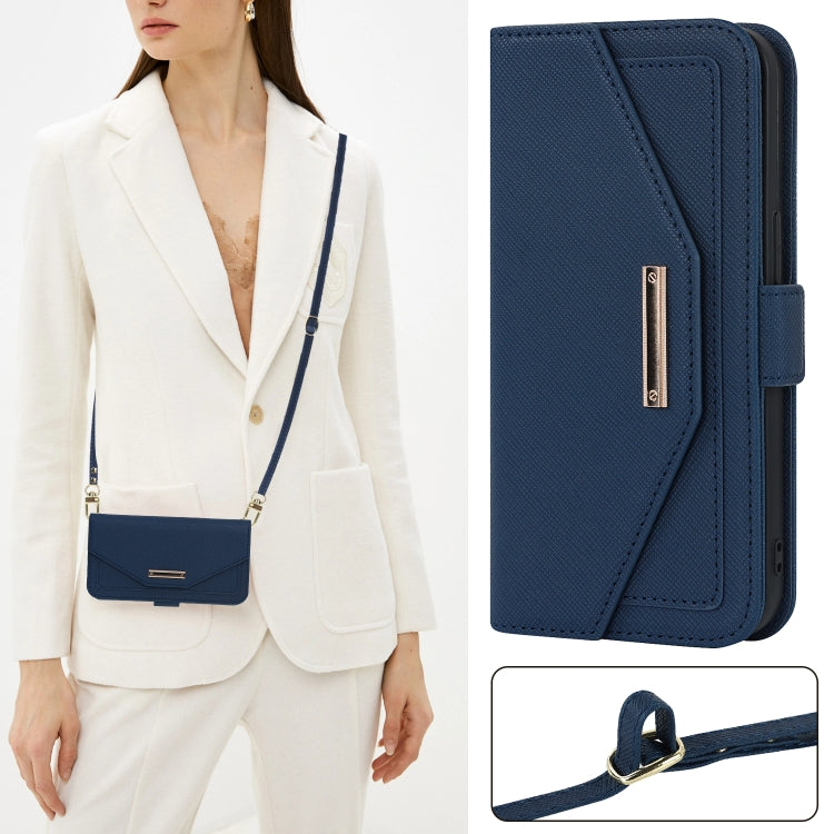 For iPhone 12 / 12 Pro Cross Texture Lanyard Leather Phone Case(Blue) - iPhone 12 / 12 Pro Cases by buy2fix | Online Shopping UK | buy2fix