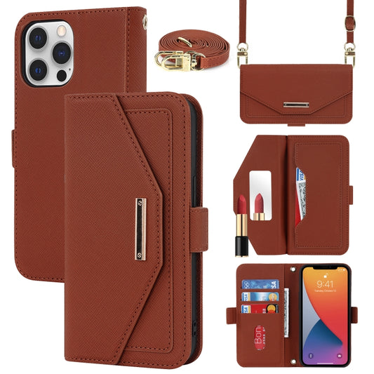 For iPhone 12 / 12 Pro Cross Texture Lanyard Leather Phone Case(Brown) - iPhone 12 / 12 Pro Cases by buy2fix | Online Shopping UK | buy2fix