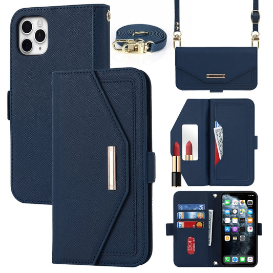 For iPhone 11 Pro Cross Texture Lanyard Leather Phone Case(Blue) - iPhone 11 Pro Cases by buy2fix | Online Shopping UK | buy2fix