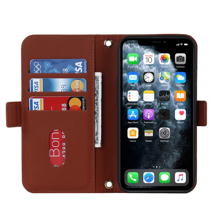 For iPhone 11 Pro Cross Texture Lanyard Leather Phone Case(Brown) - iPhone 11 Pro Cases by buy2fix | Online Shopping UK | buy2fix