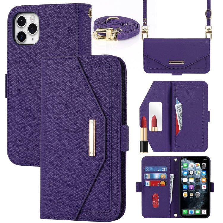 For iPhone 11 Pro Cross Texture Lanyard Leather Phone Case(Purple) - iPhone 11 Pro Cases by buy2fix | Online Shopping UK | buy2fix