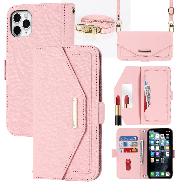 For iPhone 11 Pro Cross Texture Lanyard Leather Phone Case(Pink) - iPhone 11 Pro Cases by buy2fix | Online Shopping UK | buy2fix