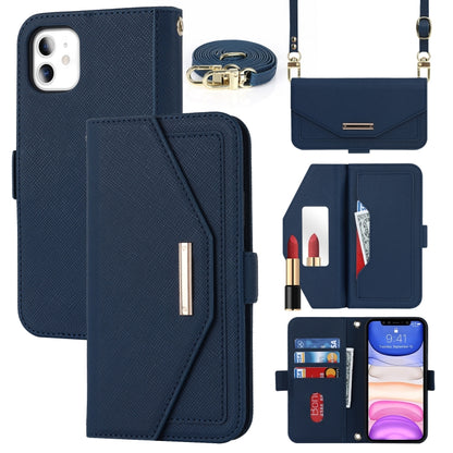 For iPhone 11 Cross Texture Lanyard Leather Phone Case(Blue) - iPhone 11 Cases by buy2fix | Online Shopping UK | buy2fix
