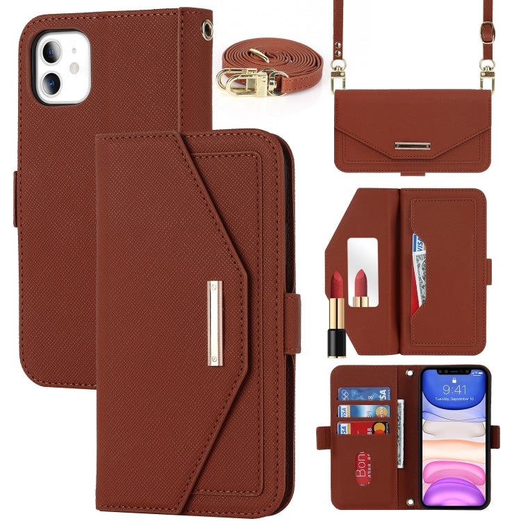For iPhone 11 Cross Texture Lanyard Leather Phone Case(Brown) - iPhone 11 Cases by buy2fix | Online Shopping UK | buy2fix