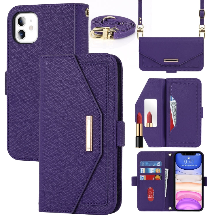 For iPhone 11 Cross Texture Lanyard Leather Phone Case(Purple) - iPhone 11 Cases by buy2fix | Online Shopping UK | buy2fix