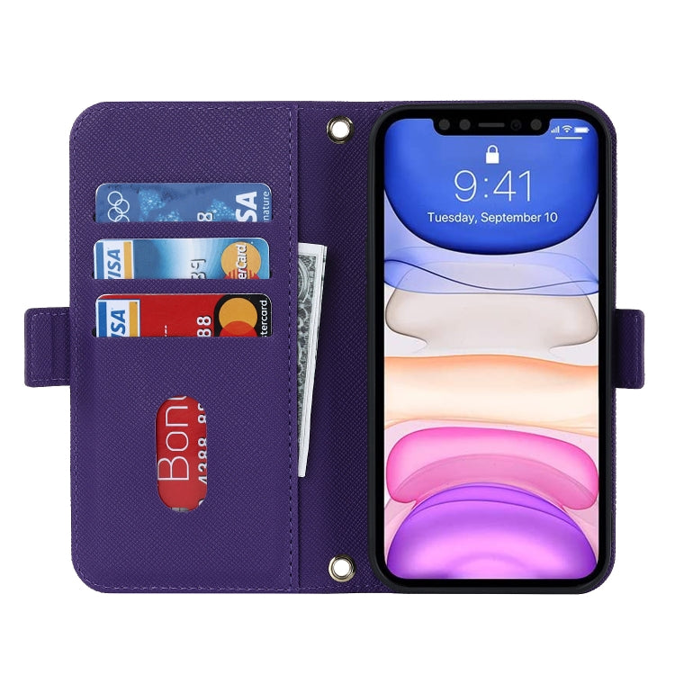 For iPhone 11 Cross Texture Lanyard Leather Phone Case(Purple) - iPhone 11 Cases by buy2fix | Online Shopping UK | buy2fix