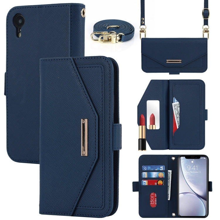 For iPhone XR Cross Texture Lanyard Leather Phone Case(Blue) - More iPhone Cases by buy2fix | Online Shopping UK | buy2fix
