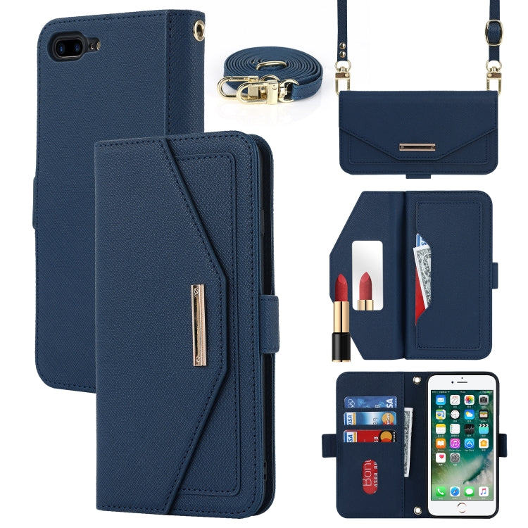For iPhone 8 Plus / 7 Plus Cross Texture Lanyard Leather Phone Case(Blue) - More iPhone Cases by buy2fix | Online Shopping UK | buy2fix