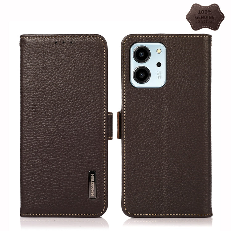 For Honor 80 SE KHAZNEH Side-Magnetic Litchi Genuine Leather RFID Phone Case(Brown) - Honor Cases by buy2fix | Online Shopping UK | buy2fix