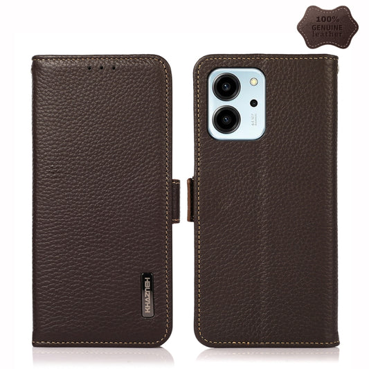 For Honor 80 SE KHAZNEH Side-Magnetic Litchi Genuine Leather RFID Phone Case(Brown) - Honor Cases by buy2fix | Online Shopping UK | buy2fix