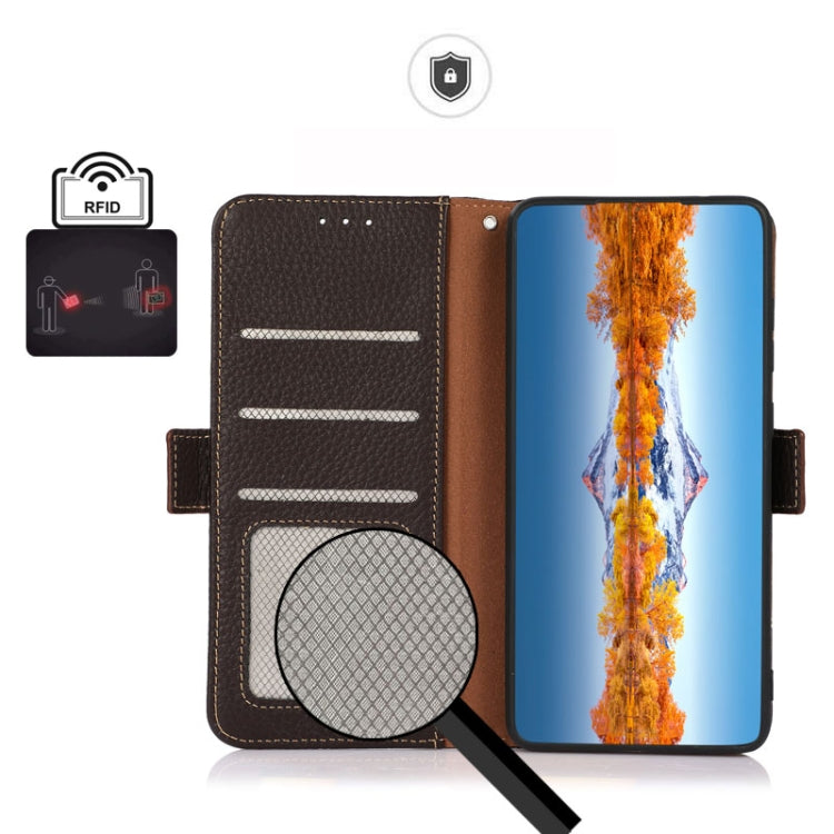 For Honor 80 SE KHAZNEH Side-Magnetic Litchi Genuine Leather RFID Phone Case(Brown) - Honor Cases by buy2fix | Online Shopping UK | buy2fix