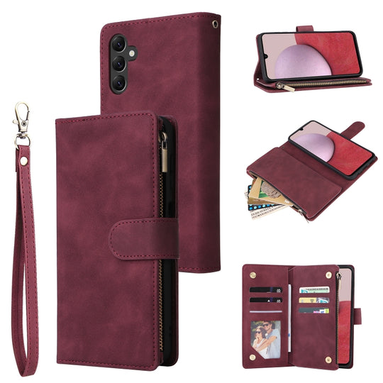 For Samsung Galaxy A14 5G Multifunctional Frosted Zipper Wallet Leather Phone Case(Wine Red)