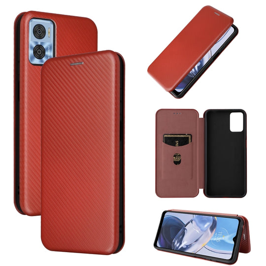 For Motorola  Moto E22 4G / Moto E22i 4G Global Carbon Fiber Texture Horizontal Flip PU Phone Case(Brown)